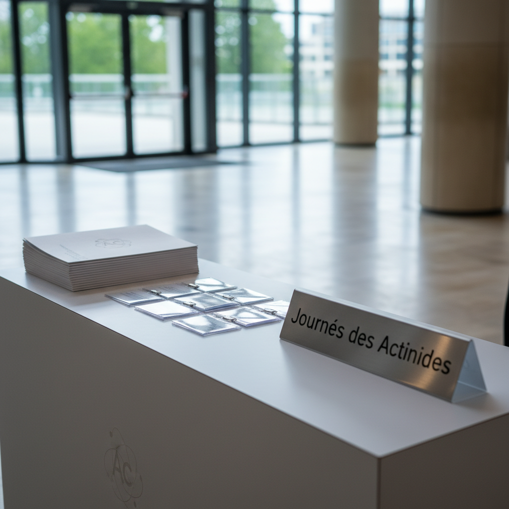 A minimalist conference registration desk layout with neatly stacked white conference folders embossed with a discreet actinide symbol, beside acrylic name-badge holders and a brushed aluminum sign reading “Journées des Actinides” in refined typography. The desk surface is smooth light-gray laminate, set in a spacious lobby featuring glass walls and a neutral stone floor, all slightly out of focus. Cool, even daylight filters through unseen windows, creating soft highlights and crisp but gentle shadows. Captured from a slightly elevated angle using the rule of thirds, maintaining a clear focal point on the branded materials. The overall mood is organized, formal, and welcoming, reflecting a high-level scientific event with a modern, photographic, corporate style.