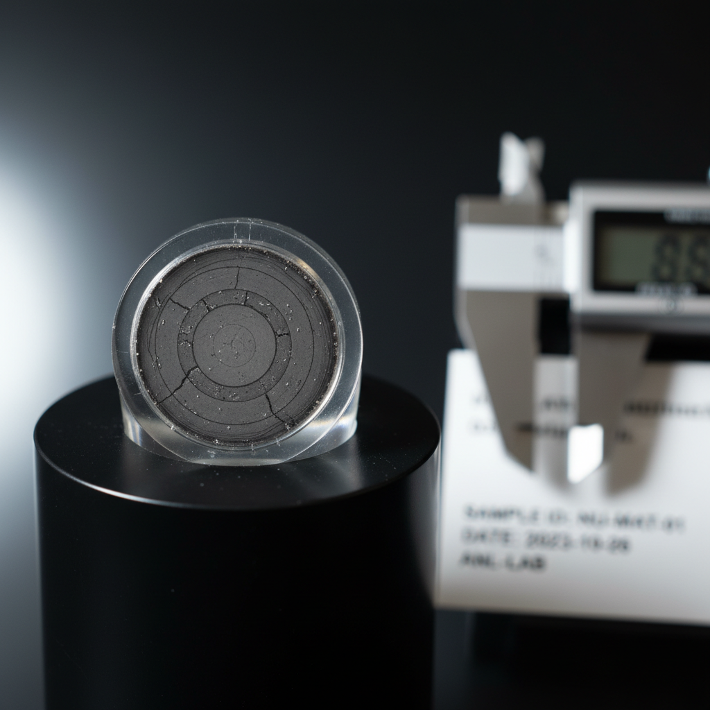 A detailed macro view of a polished actinide-containing ceramic fuel pellet cross-section, mounted in epoxy and finely ground to reveal concentric microstructural patterns, resting on a smooth black sample stage. The pellet’s surface shows subtle gray tonal variations and tiny crystalline inclusions. Nearby, a precision caliper and a labeled specimen card sit in orderly alignment, slightly out of focus. Directional, cool-white laboratory lighting from one side creates delicate highlights across the polished surface and nuanced shadows in the texture. Shot with a shallow depth of field and tight framing to emphasize material detail. The mood is analytical and meticulous, designed to communicate advanced nuclear materials characterization with clean, technical, photographic clarity.