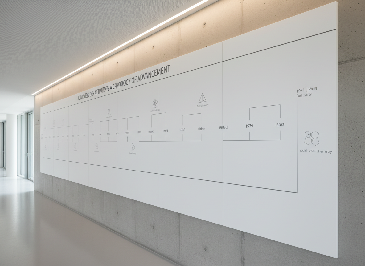An elegant, large-format wall display showing a chronological timeline of past Journées des Actinides conferences, printed on matte white panels with thin graphite-gray lines connecting years and cities. Subtle icons represent themes like nuclear fuel cycles, spectroscopy, and solid-state chemistry. The display is mounted on a smooth concrete wall in a bright, contemporary corridor with a glossy, pale floor reflecting faint shapes. Indirect ceiling lighting and gentle natural side light combine to produce soft, even illumination with minimal shadows. Photographed from a three-quarter side angle to emphasize depth and continuity of the timeline. The atmosphere is calm, analytical, and highly professional, with a clean, structured, photographic realism suited to an academic conference website.