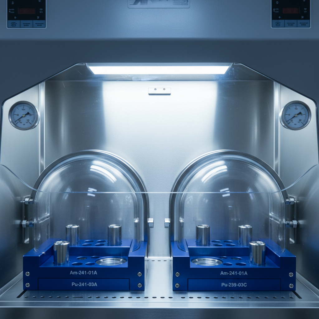 A high-precision glovebox interior focused on sealed, transparent containment chambers holding actinide sample capsules, each stored in labeled, anodized aluminum trays with laser-etched identifiers. The inner surfaces are brushed stainless steel, pristine and uncluttered, with integrated instruments and pressure gauges faintly visible at the periphery. Cool, controlled artificial lighting from the top of the glovebox creates subtle specular highlights on metal edges and clear reflections on the polycarbonate windows. Photographed from a straight-on, eye-level viewpoint through the front panel, with a balanced, symmetrical composition. The atmosphere is highly controlled, technical, and secure, reinforcing themes of safety and rigor in actinide research, rendered in crisp, photographic realism with a professional, corporate laboratory aesthetic.