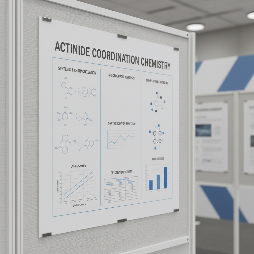 A close-up of a meticulously arranged scientific poster mockup on a frameless board, displaying structured sections on actinide coordination chemistry, with neat graphs, spectra, and tables in subdued blues and charcoal grays. Slim metallic poster clips secure the corners, aligned perfectly on a pale, textured fabric backing. In the softly blurred background, additional abstract poster shapes suggest a larger technical exhibition space without showing people. Uniform, diffused overhead lighting ensures legible details with minimal glare, and gentle shadows create depth around edges. Captured at slight angle from the right, using a medium depth of field to keep the primary poster crisp. The mood is formal, precise, and scholarly, communicating a serious research environment in polished, photographic realism.