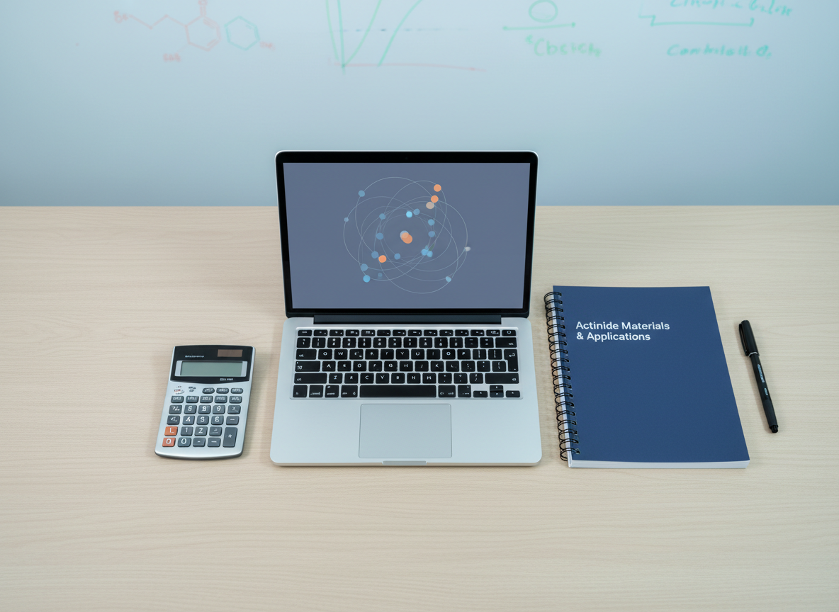 A tidy research desktop prepared for an actinide chemistry presentation, featuring a slim laptop displaying a muted schematic of 5f electron orbitals, next to a bound technical report with a simple navy cover titled “Actinide Materials & Applications.” A precise scientific calculator and a fine-line pen rest parallel to the report on a light oak surface. The background shows an out-of-focus whiteboard with faint graphs and spectra sketched in pastel markers. Soft, cool studio lighting from above and slightly to the left casts delicate, controlled shadows, emphasizing clean lines. Shot from an overhead, top-down perspective with symmetric, grid-like arrangement. The mood is focused, methodical, and academic, with a minimalist photographic style and a neutral, corporate color palette.