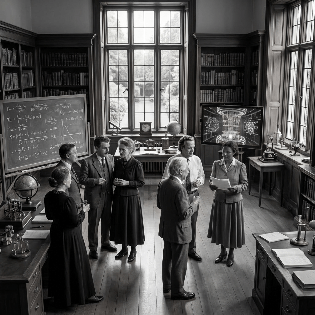 Famous scientists including Einstein, Curie, Newton, and Hawking in a wood-paneled study with a chalkboard.