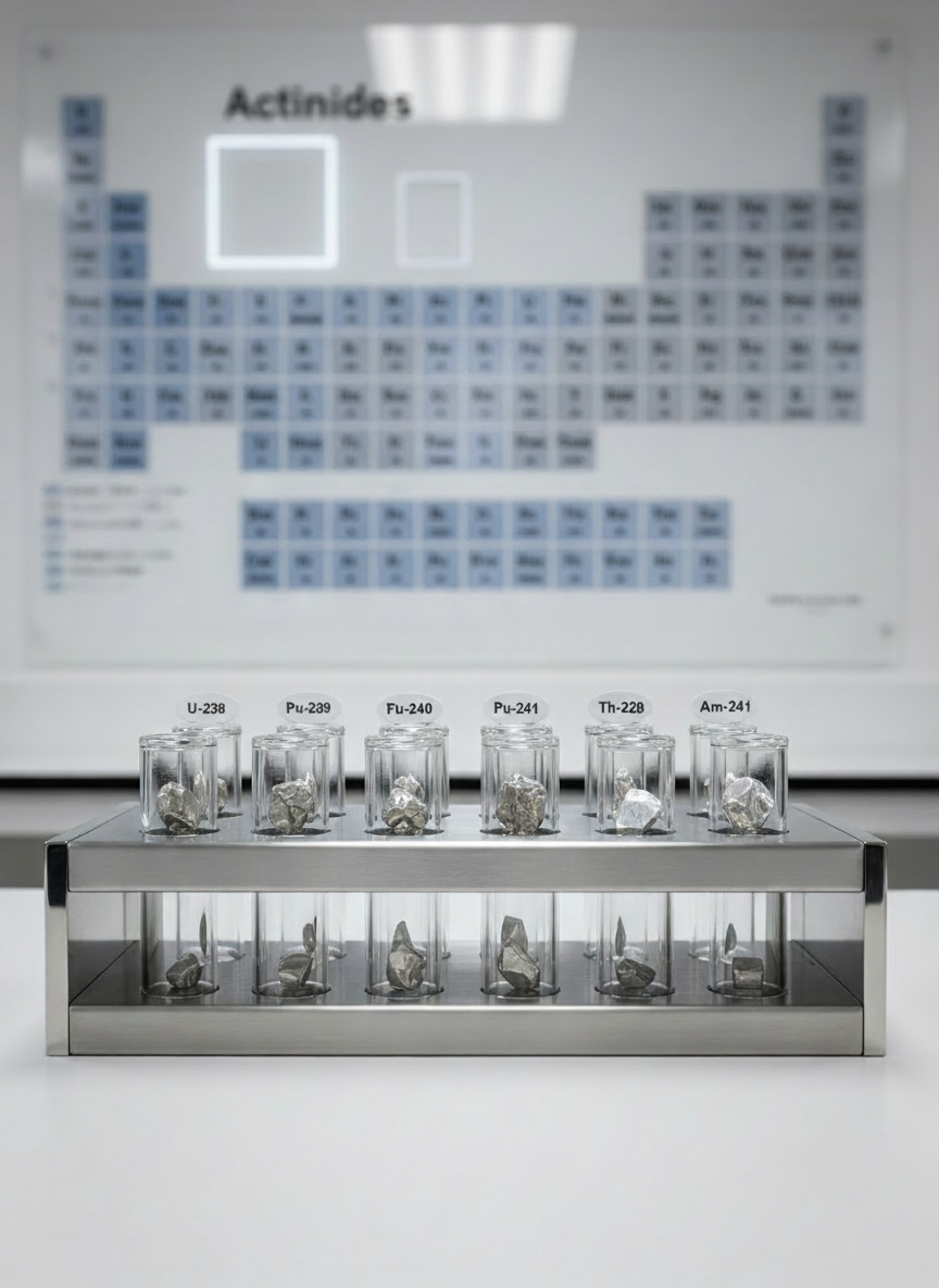 A polished stainless-steel laboratory sample holder displaying several labeled glass vials containing metallic actinide samples in shielded form, arranged in a precise grid on a matte white benchtop. Behind them, a softly blurred periodic table of the actinides is printed in muted blues and grays on a clean wall, with clear boxes highlighting uranium, plutonium, and thorium. Neutral, diffused overhead lighting creates gentle reflections on the metal and glass, with subtle shadows adding depth. Shot at eye level with a centered, balanced composition and sharp focus throughout. The mood is professional, rigorous, and orderly, emphasizing serious scientific research in nuclear materials, with a photographic realism and clean corporate aesthetic.